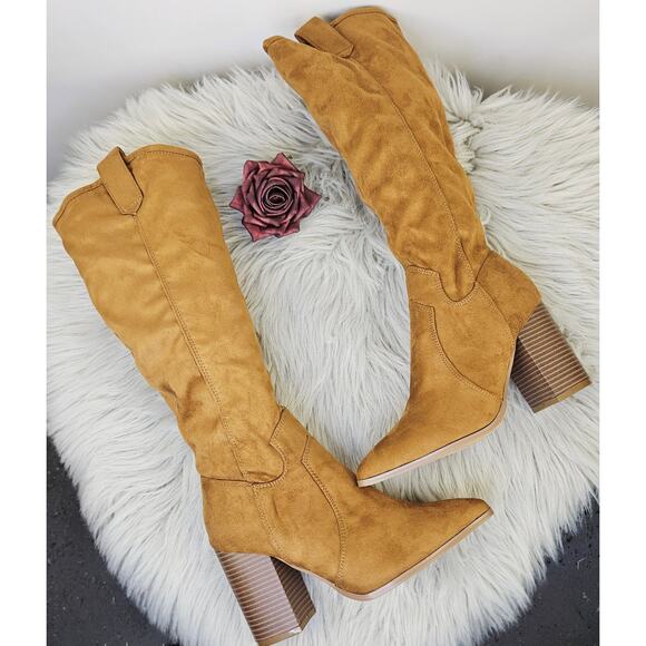 Cherish Lyndsy-11 Suede Knee High Boots Brown Block Heel Western Pointed Toe 5.5 - Picture 1 of 15